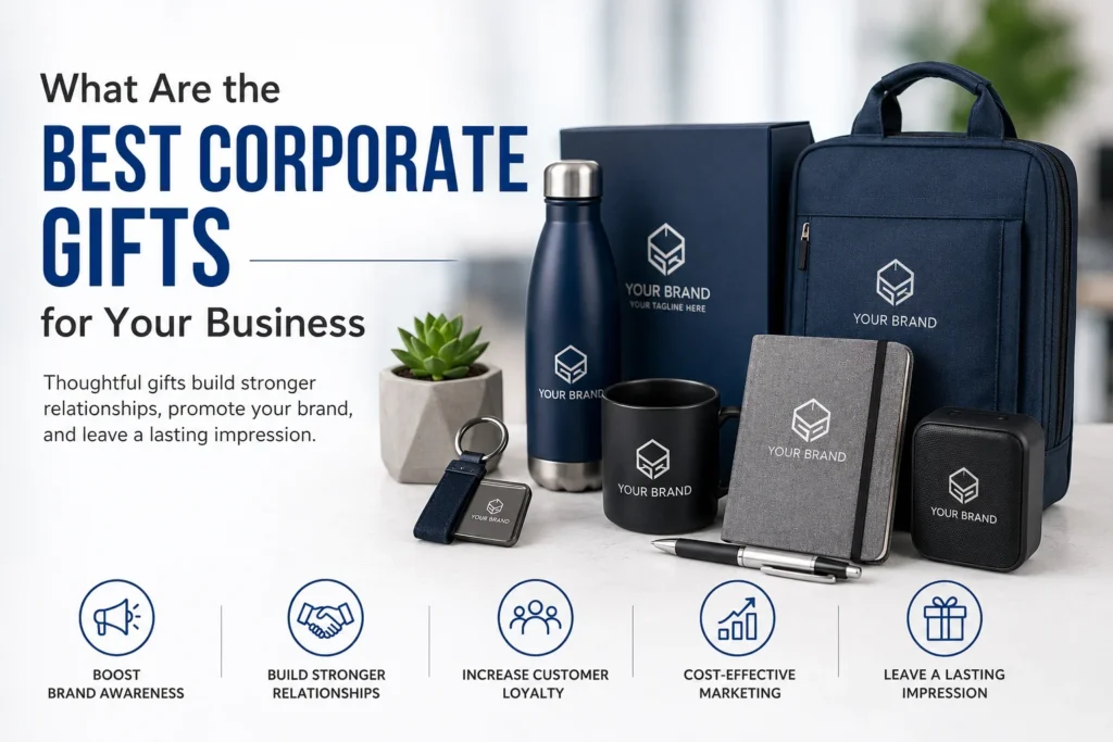 Branded corporate gifts including a backpack, water bottle, mug, notebook, speaker, and keychain displayed for business promotional use.