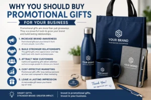 Branded promotional gifts including bags, bottles, mugs, and notebooks for business marketing.