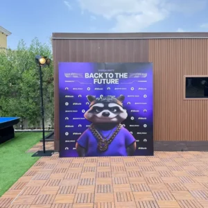 Outdoor wooden backdrop with stickers