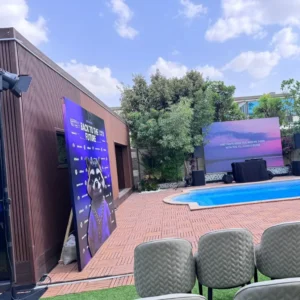 Wooden backdrop with stickers side view