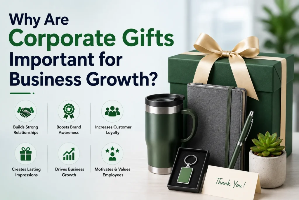 Corporate gifts display showing branded items that support business growth and customer relationships.