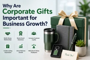 Corporate gifts display showing branded items that support business growth and customer relationships.