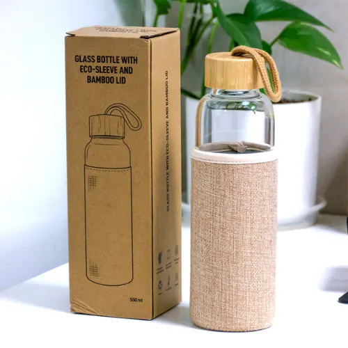 Glass bottles with bamboo lid and eco sleeve printing Dubai and Abu Dhabi