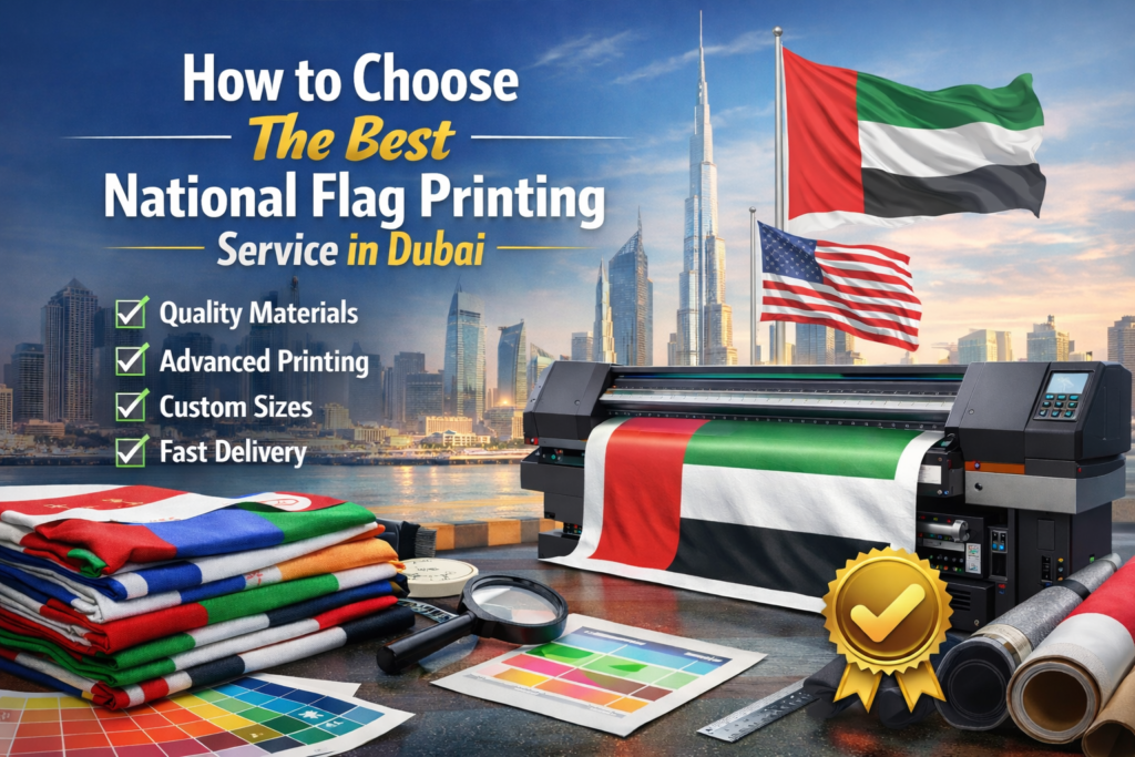 Professional flag printing service in Dubai showing custom national flags with high-quality fabric printing and vibrant colors for indoor and outdoor use.