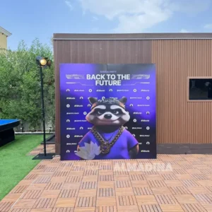 Outdoor wooden backdrop with stickers in Dubai