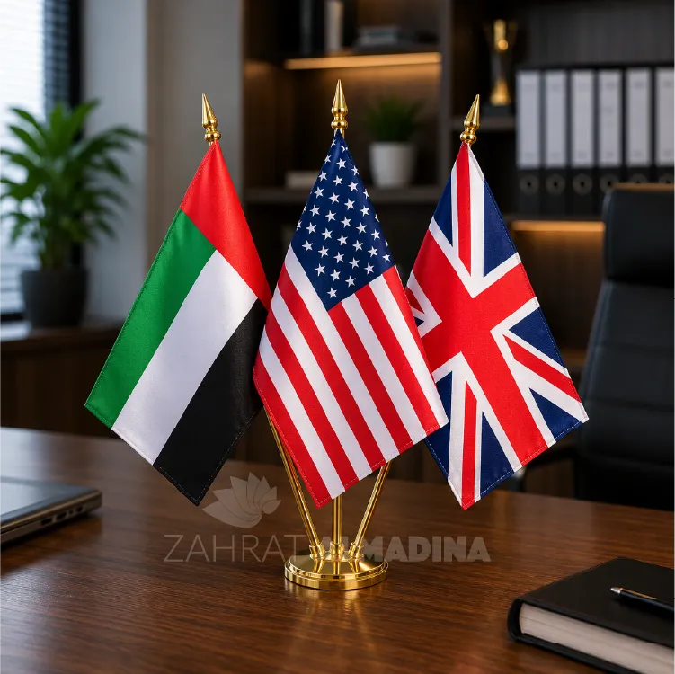 Tripole Table Flags Dubai and Abu Dhabi, UAE