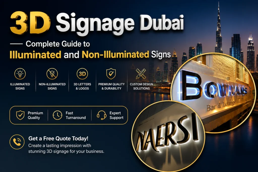 3D signage Dubai — illuminated metal and acrylic 3D signs by Zahrat Al Madina Printing Umm Ramool Dubai