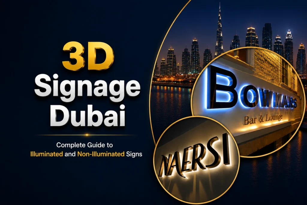 3D signage Dubai — illuminated metal and acrylic 3D signs by Zahrat Al Madina Printing Umm Ramool Dubai