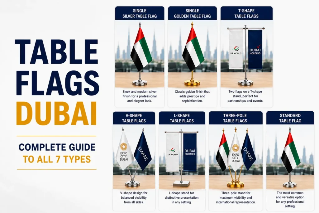 Table flags Dubai — all 7 types including single silver, golden, T-shape, V-shape, L-shape and three-pole desk flags for offices and boardrooms UAE