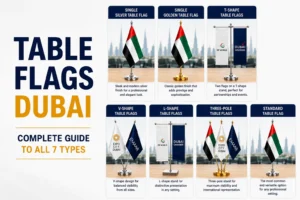 Table flags Dubai — all 7 types including single silver, golden, T-shape, V-shape, L-shape and three-pole desk flags for offices and boardrooms UAE