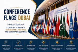 Conference flags Dubai — crown pole and royal crown conference flags for corporate events and government meetings UAE