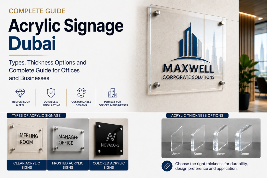 Acrylic signage Dubai — cutout acrylic letters for reception wall and 3D acrylic signage for offices UAE