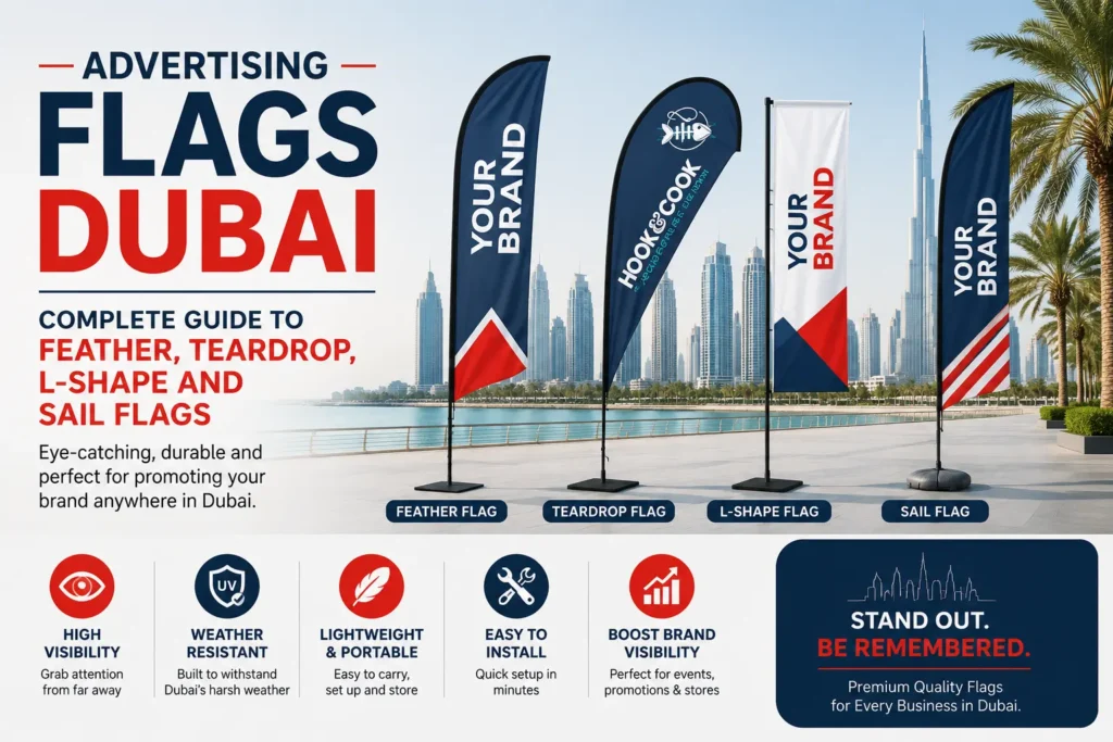 Advertising flags Dubai — feather teardrop L-shape and sail flags printed on knitted polyester and satin by Zahrat Al Madina Printing Umm Ramool