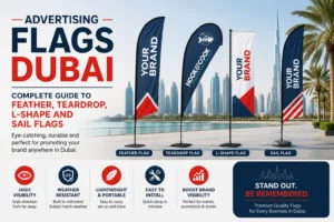 Advertising flags Dubai — feather teardrop L-shape and sail flags printed on knitted polyester and satin by Zahrat Al Madina Printing Umm Ramool