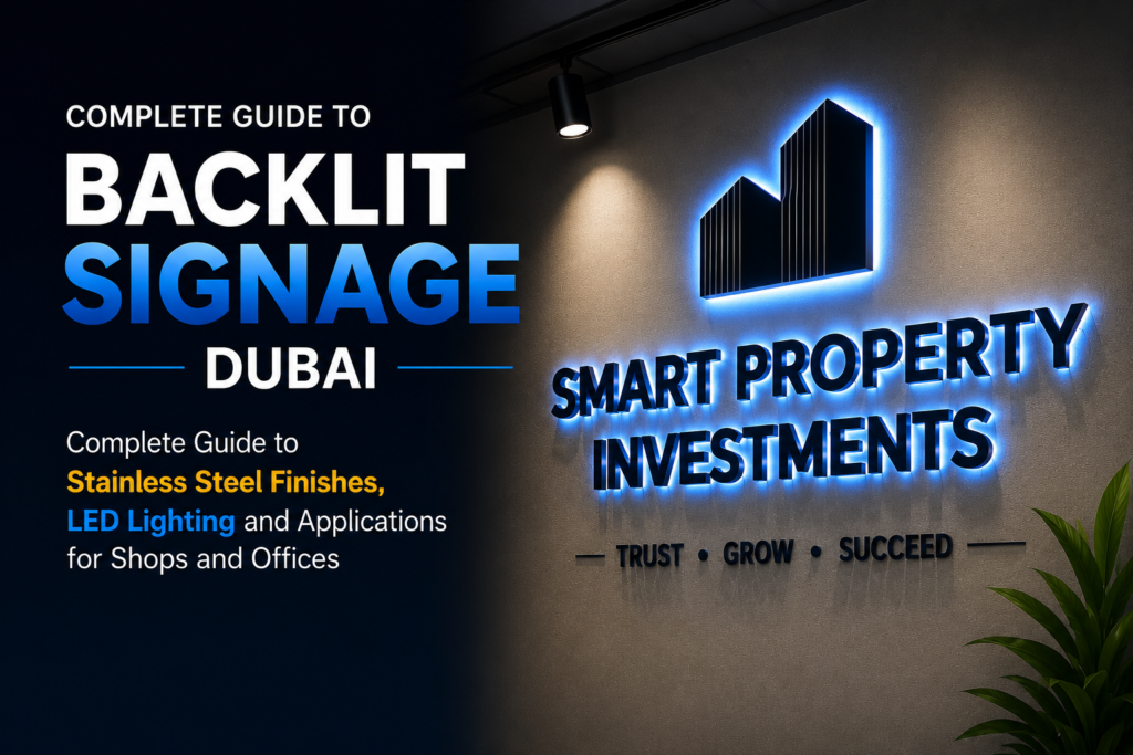 Backlit signage Dubai — rose gold stainless steel backlit letters on shop frontage and office reception wall UAE