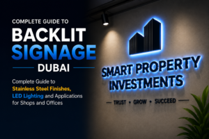 Backlit signage Dubai — rose gold stainless steel backlit letters on shop frontage and office reception wall UAE