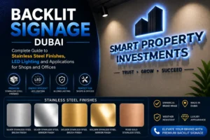 Backlit signage Dubai — rose gold stainless steel backlit letters on shop frontage and office reception wall UAE