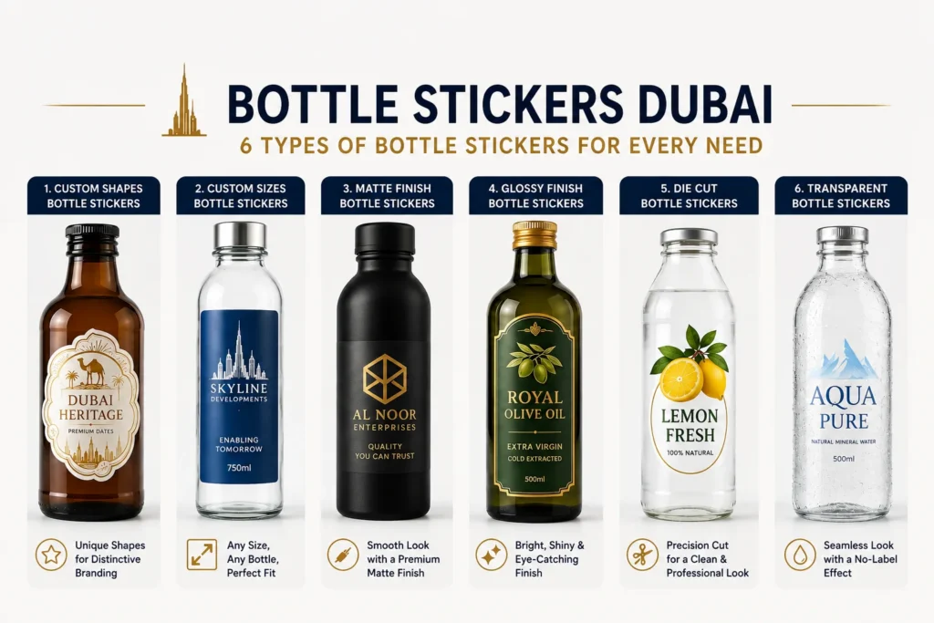 Bottle stickers Dubai — custom branded labels on water bottles by Zahrat Al Madina Printing Umm Ramool Dubai