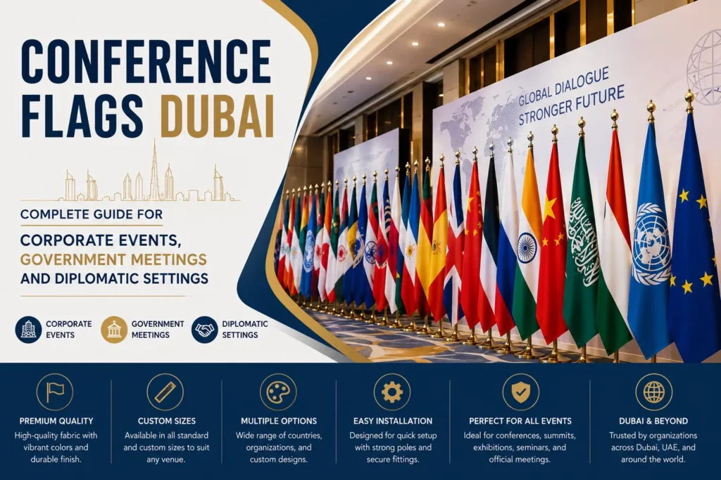 Conference flags Dubai — crown pole and royal crown conference flags for corporate events and government meetings UAE