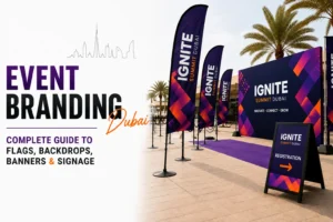 Event branding Dubai — flags backdrops banners and signage for corporate events and exhibitions by Zahrat Al Madina Printing Umm Ramool Dubai