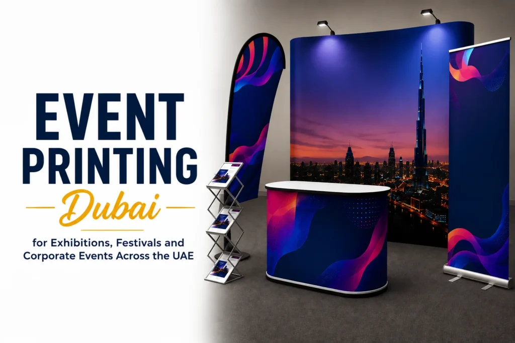 Event printing Dubai — exhibition booth with backdrop, pop-up stands, flags and branded materials for trade shows and corporate events UAE