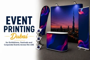 Event printing Dubai — exhibition booth with backdrop, pop-up stands, flags and branded materials for trade shows and corporate events UAE
