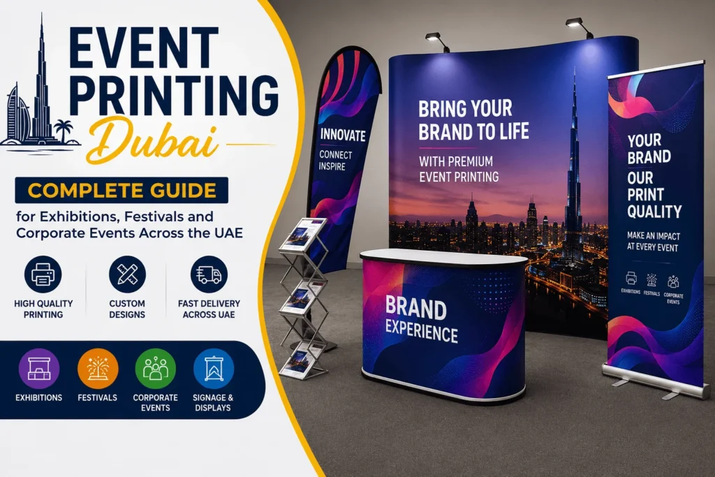Event printing Dubai — exhibition booth with backdrop, pop-up stands, flags and branded materials for trade shows and corporate events UAE