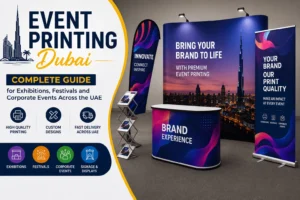 Event printing Dubai — exhibition booth with backdrop, pop-up stands, flags and branded materials for trade shows and corporate events UAE