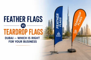 Feather flags vs teardrop flags Dubai — size and fabric comparison by Zahrat Al Madina Printing Umm Ramool