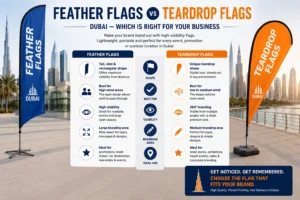 Feather flags vs teardrop flags Dubai — size and fabric comparison by Zahrat Al Madina Printing Umm Ramool
