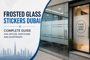 Frosted glass stickers Dubai — logo cut gradient and privacy frosted stickers by Zahrat Al Madina Printing Umm Ramool Dubai