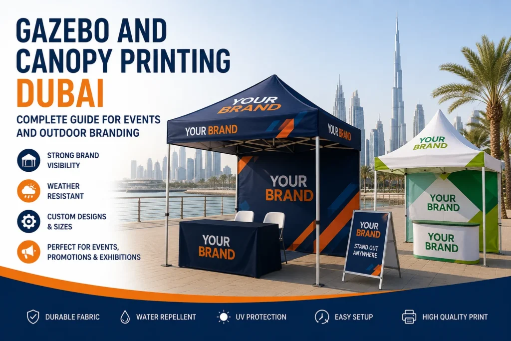 Gazebo printing Dubai — branded 3x3m canopy with printed side walls by Zahrat Al Madina Printing Umm Ramool Dubai