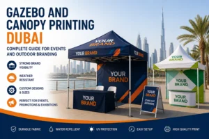 Gazebo printing Dubai — branded 3x3m canopy with printed side walls by Zahrat Al Madina Printing Umm Ramool Dubai