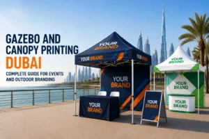 Gazebo printing Dubai — branded 3x3m canopy with printed side walls by Zahrat Al Madina Printing Umm Ramool Dubai