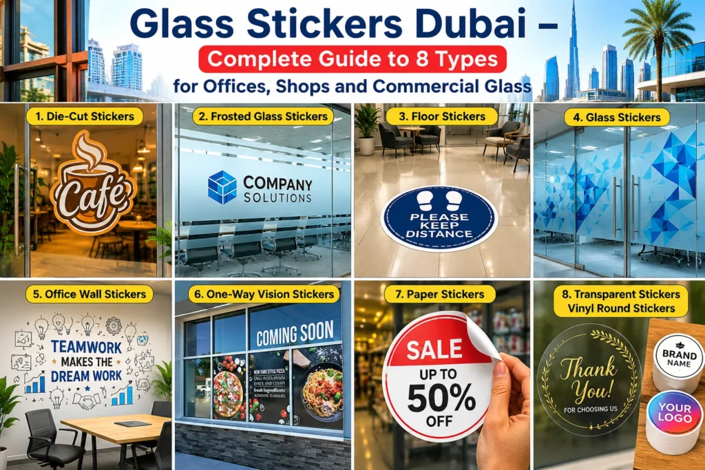 Glass stickers Dubai — plotter cut full branding clear and shop front stickers by Zahrat Al Madina Printing Umm Ramool Dubai