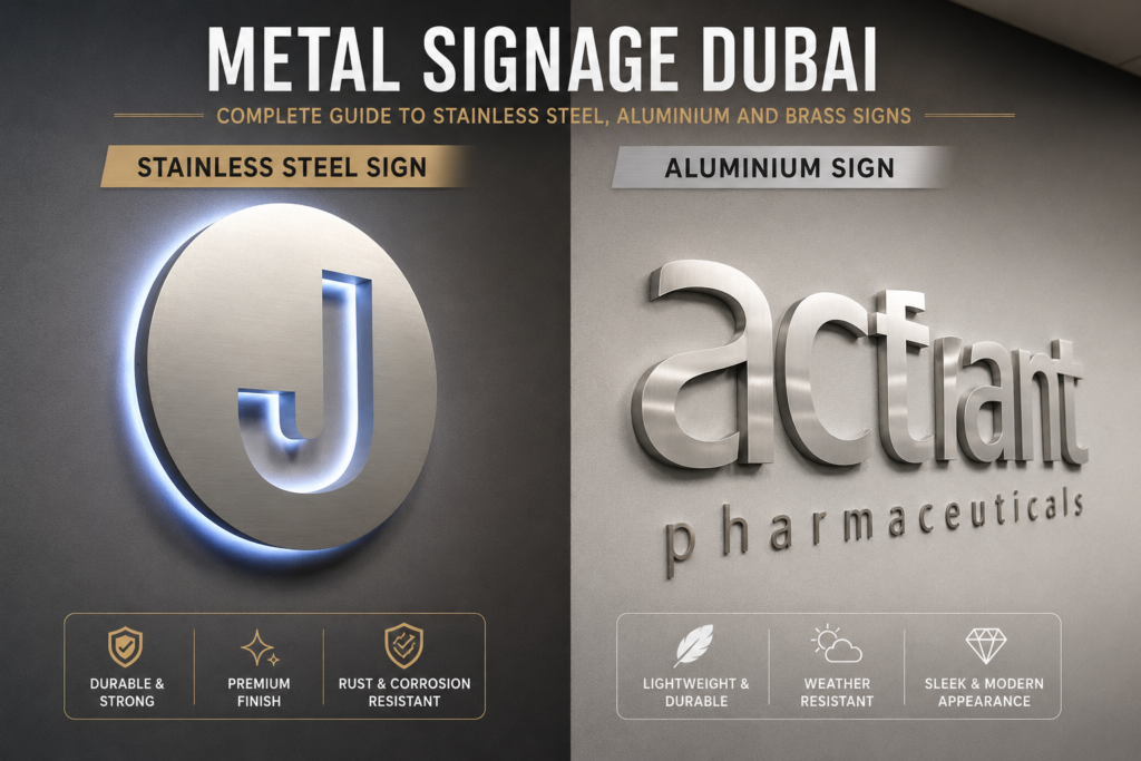 Metal signage Dubai — stainless steel aluminium and brass signs by Zahrat Al Madina Printing Umm Ramool Dubai