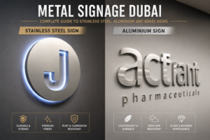 Metal signage Dubai — stainless steel aluminium and brass signs by Zahrat Al Madina Printing Umm Ramool Dubai