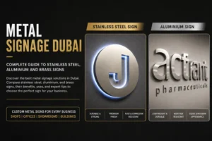 Metal signage Dubai — stainless steel aluminium and brass signs by Zahrat Al Madina Printing Umm Ramool Dubai