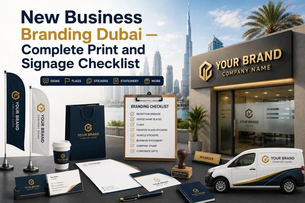 New business branding checklist Dubai — signage flags stickers and print items by Zahrat Al Madina Printing Umm Ramool