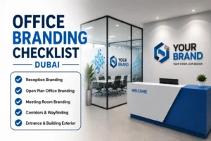 Office branding checklist Dubai — reception signage glass stickers and name plates by Zahrat Al Madina Printing Umm Ramool Dubai