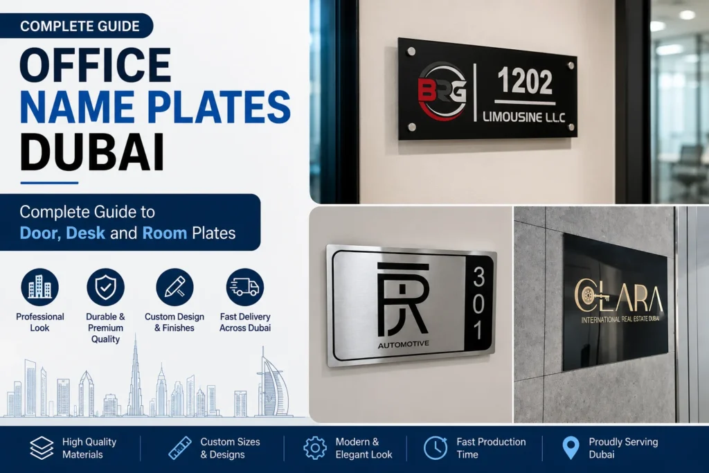 Office name plates Dubai — acrylic and metal door desk and room plates by Zahrat Al Madina Printing Umm Ramool Dubai