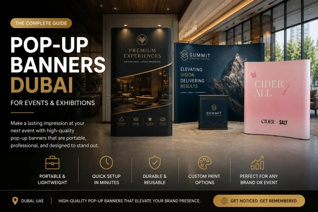 Pop-up banner stand and fabric exhibition backdrop Dubai — straight and curved display stands for trade shows and corporate events UAE