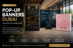 Pop-up banner stand and fabric exhibition backdrop Dubai — straight and curved display stands for trade shows and corporate events UAE