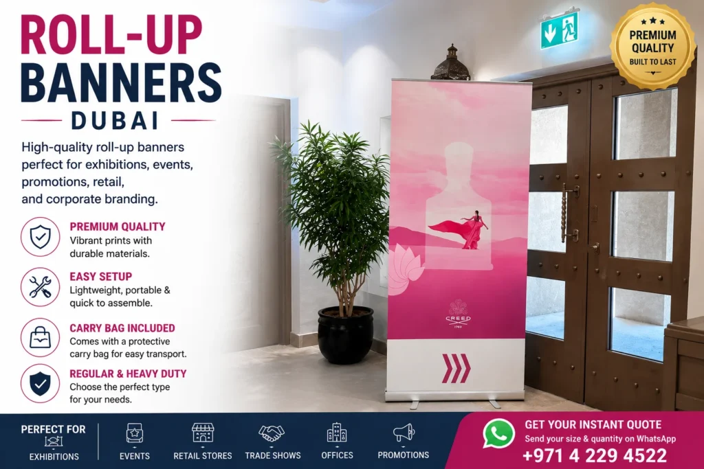 Roll-up banners Dubai — Regular and Heavy Duty sizes by Zahrat Al Madina Printing Umm Ramool Dubai