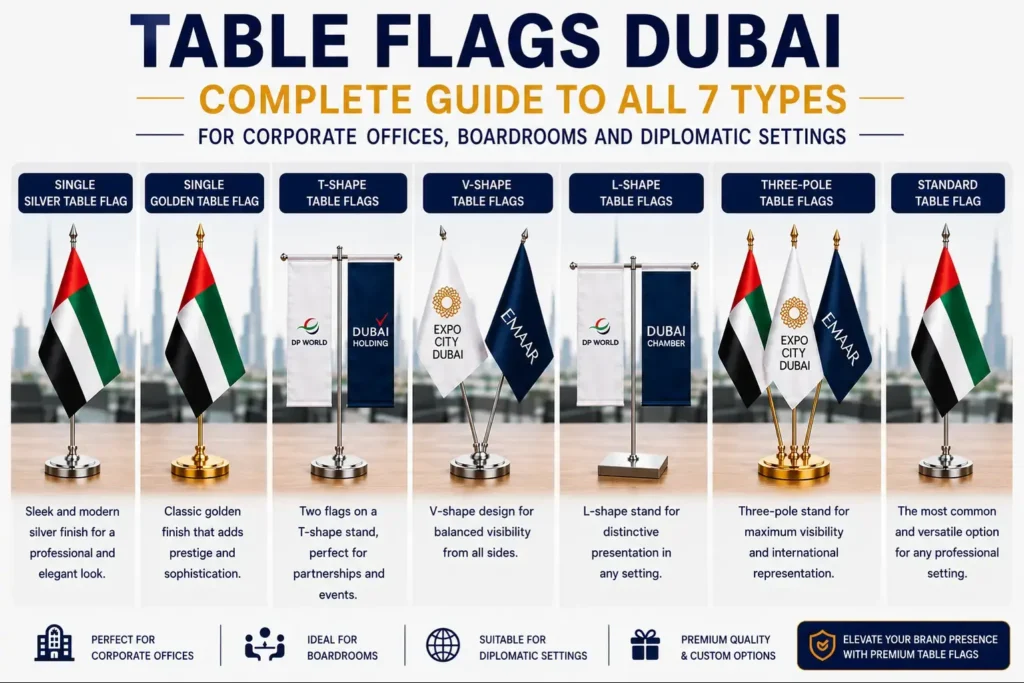 Table flags Dubai — all 7 types including single silver, golden, T-shape, V-shape, L-shape and three-pole desk flags for offices and boardrooms UAE