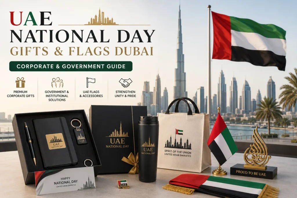UAE National Day gifts and flags Dubai — branded corporate gifts and custom UAE flags by Zahrat Al Madina Printing Umm Ramool Dubai