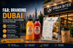 F&B; Branding Dubai — Bottle Stickers, Menu Printing and Shop Signage