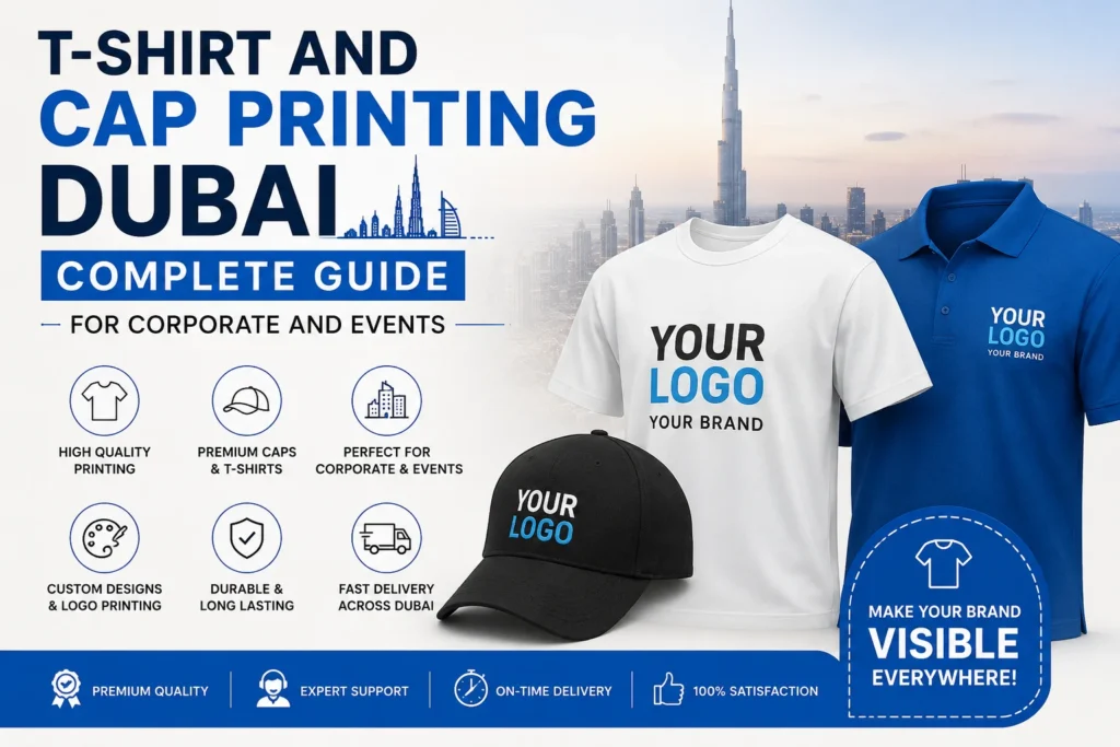 T-shirt and cap printing Dubai — branded corporate apparel by Zahrat Al Madina Printing Umm Ramool Dubai