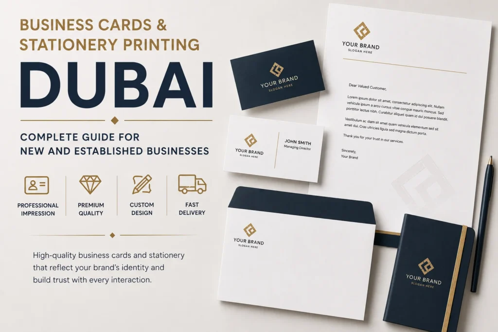 Business cards and stationery printing Dubai — branded cards letterheads and notepads by Zahrat Al Madina Printing Umm Ramool Dubai