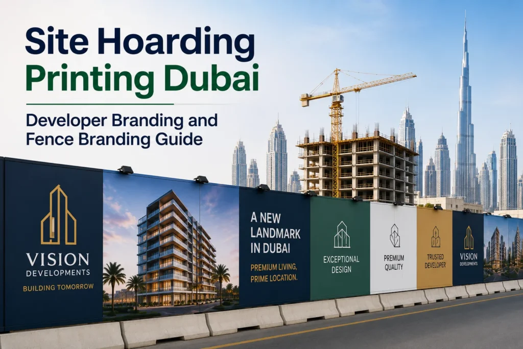 Fence Branding Dubai featuring custom printed construction fences, site branding, developer advertising,